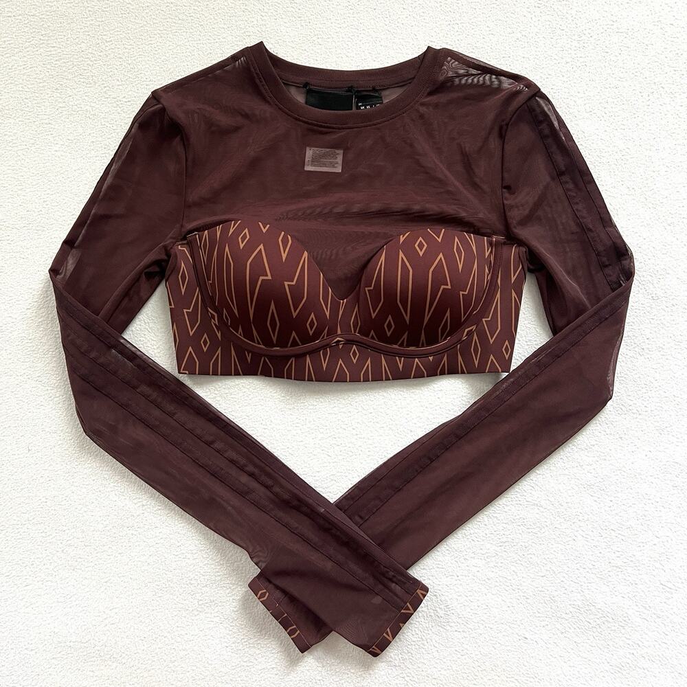 Women’s Long Sleeve Mesh Crop Top with Patterned Bust - Brown